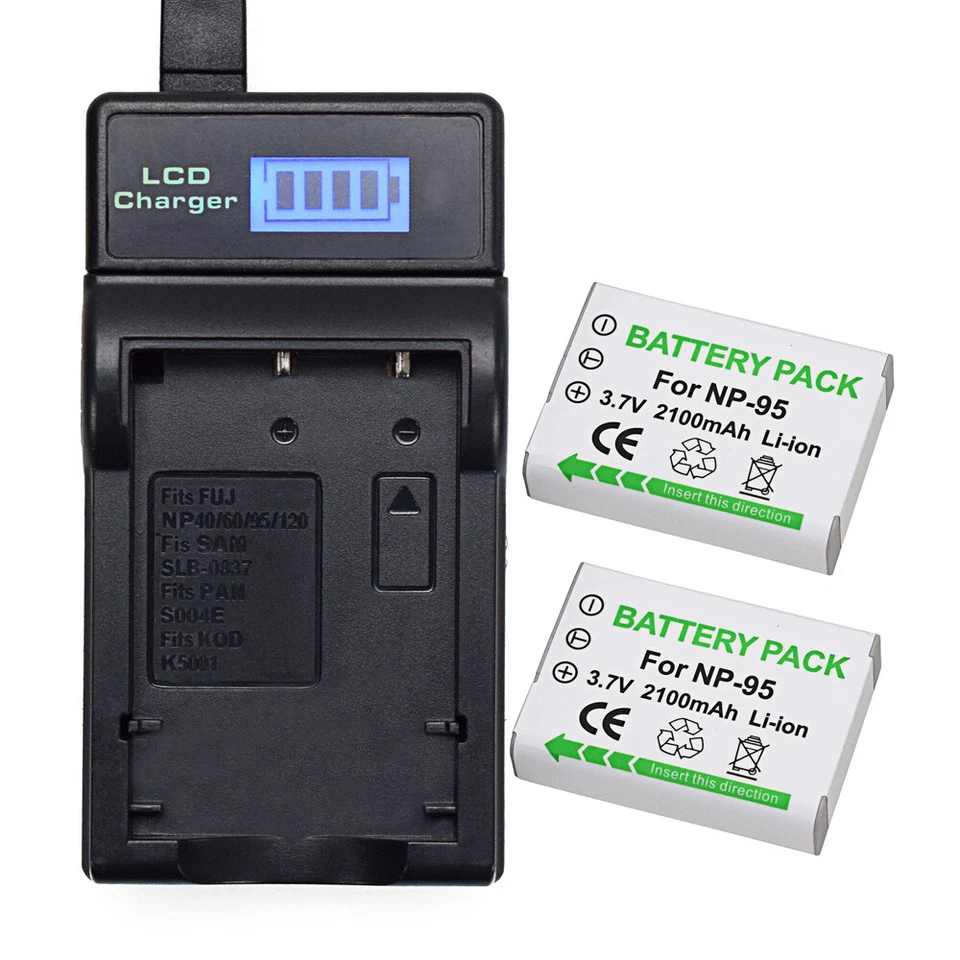 Paquete de 2 baterías + cargador LCD para Fuji NP-95 NP95 FNP-95 BC-65N Ricoh DB-90 BJ-9 Foto 3 de 4