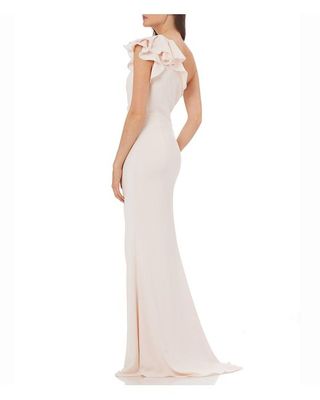 NEW CARMEN MARC VALVO INFUSION One Shoulder Ruffled Crepe GOWN Sz 12 $375  BLUSH