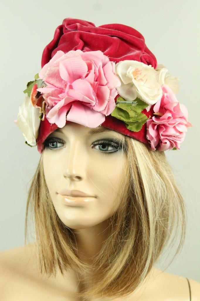Vtg JORDAN MARSH Boston Ruched Velvet Silk Flower Pillbox  display picture 1