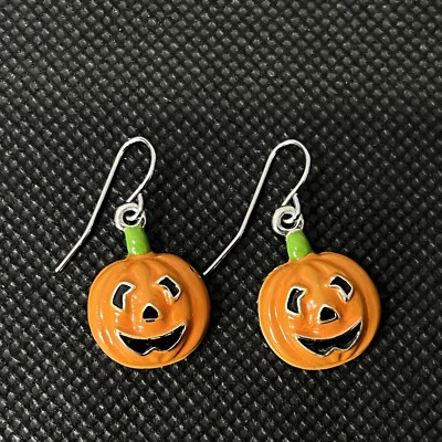 Halloween Earrings Jack o Lantern Pumpkin Face Orange Green Stem Dangle