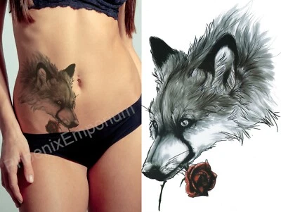 Temporary Tattoo Large Black Wolf With Red Rose Fake Body Art Waterproof Ladies