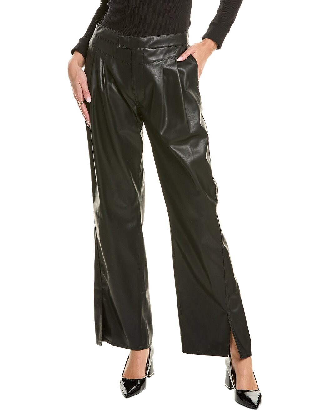 NWOT Hudson Rosie Black Patent Faux Leather Pleated Wide Leg Pants With Slit 25