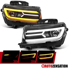 Fit 14-15 Chevy Camaro Slick Black Halogen Projector Headlights LED Sequential