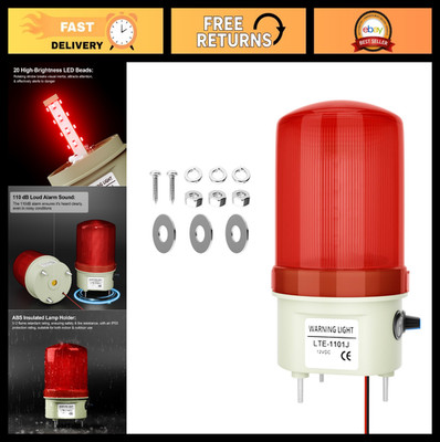Industrial LED Strobe Warning Light, 12V Sound & Light Alarm, 105-110 dB, Red Em