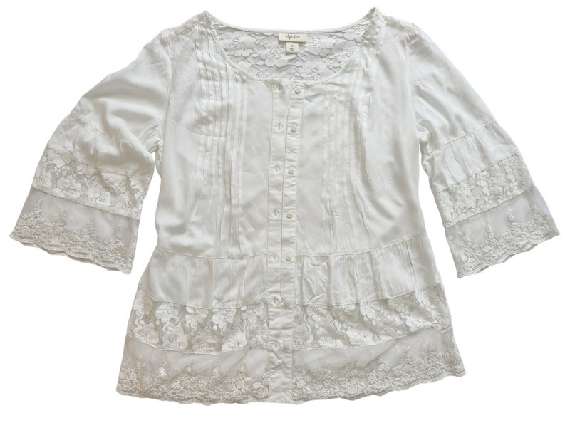 Style&co Women’s M White Lace Embroidered Button Front Scoop Neck 3/4 Bell, Boho