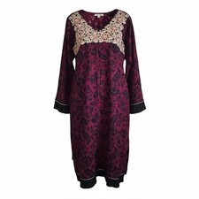 Vintage Kaftan Maxi Dress Sz M Magenta Embroidered Floral Boho Goth Whimsigoth