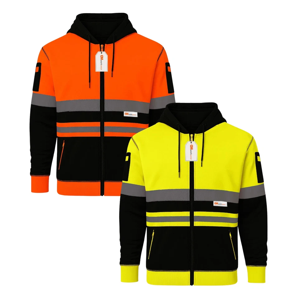 GM WORKWEAR Hi Vis Zip Hoodie EN20471 High Visibility Fleece Lined Reflective Workwear Mens