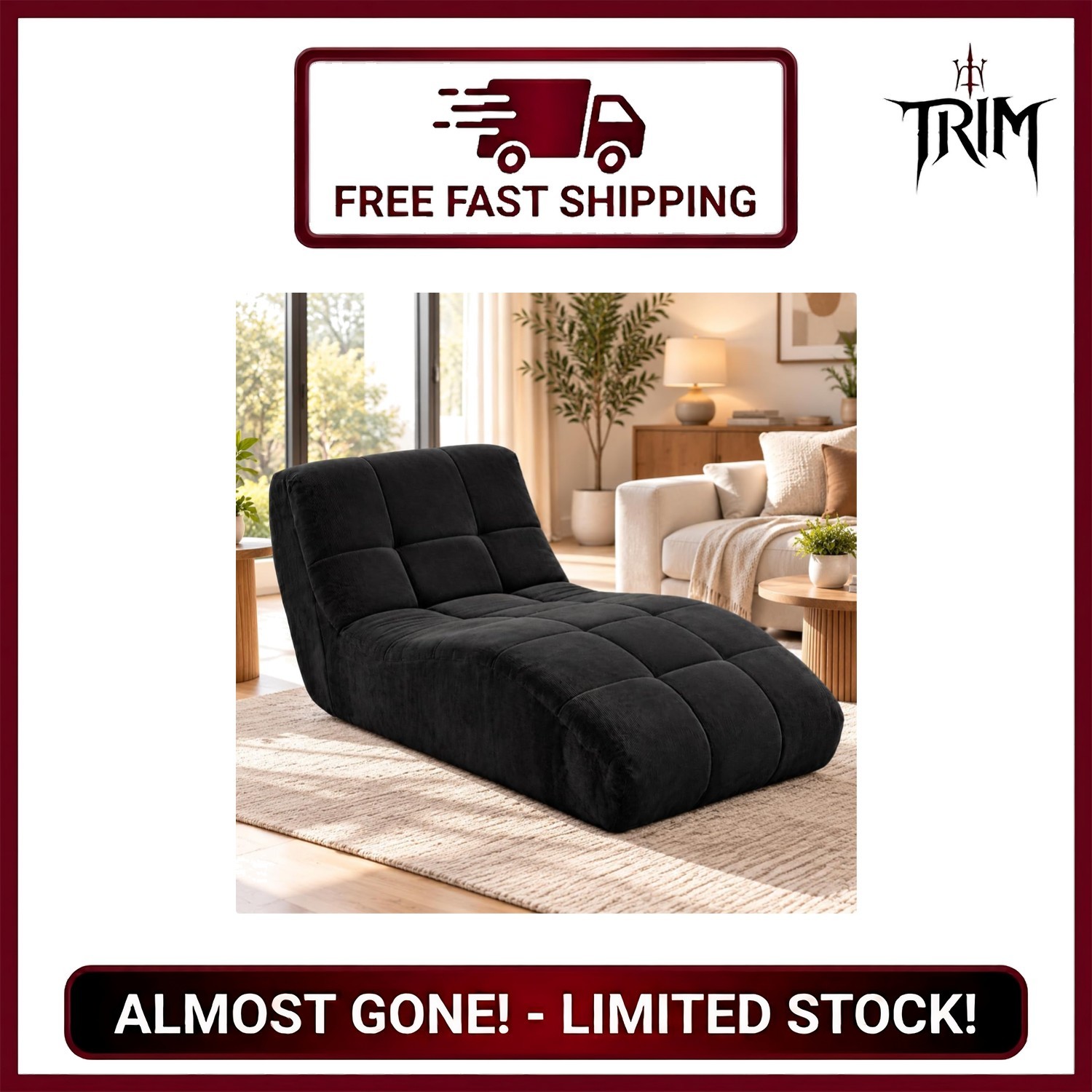 Indoor Oversized Chaise Lounge Chair Bed Microfiber Plush Black Modern