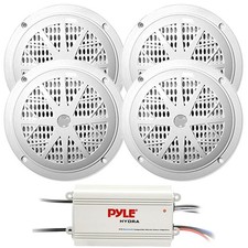 Pyle PLMRMB4CW 4-Channel Marine Bluetooth Amplifier, 4x 4'' 100W White Speakers