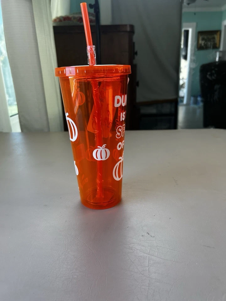 Dunkin Donuts Glow In The Dark Tumbler Cup Straw 24oz Orange Pumpkin Spice NWT - Image 4 of 4