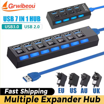 High Speed 7 Ports USB 3.0 HUB Power Splitter Verlängerungskabel mit UK Adapter ***