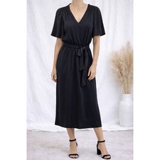BANANA REPUBLIC Black Satin Flutter Sleeve V Neck Midi Dress | Small Tall