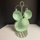 3 Fire King Jadeite Ribbed Tea Cups & Saucers Metal Tree Holder