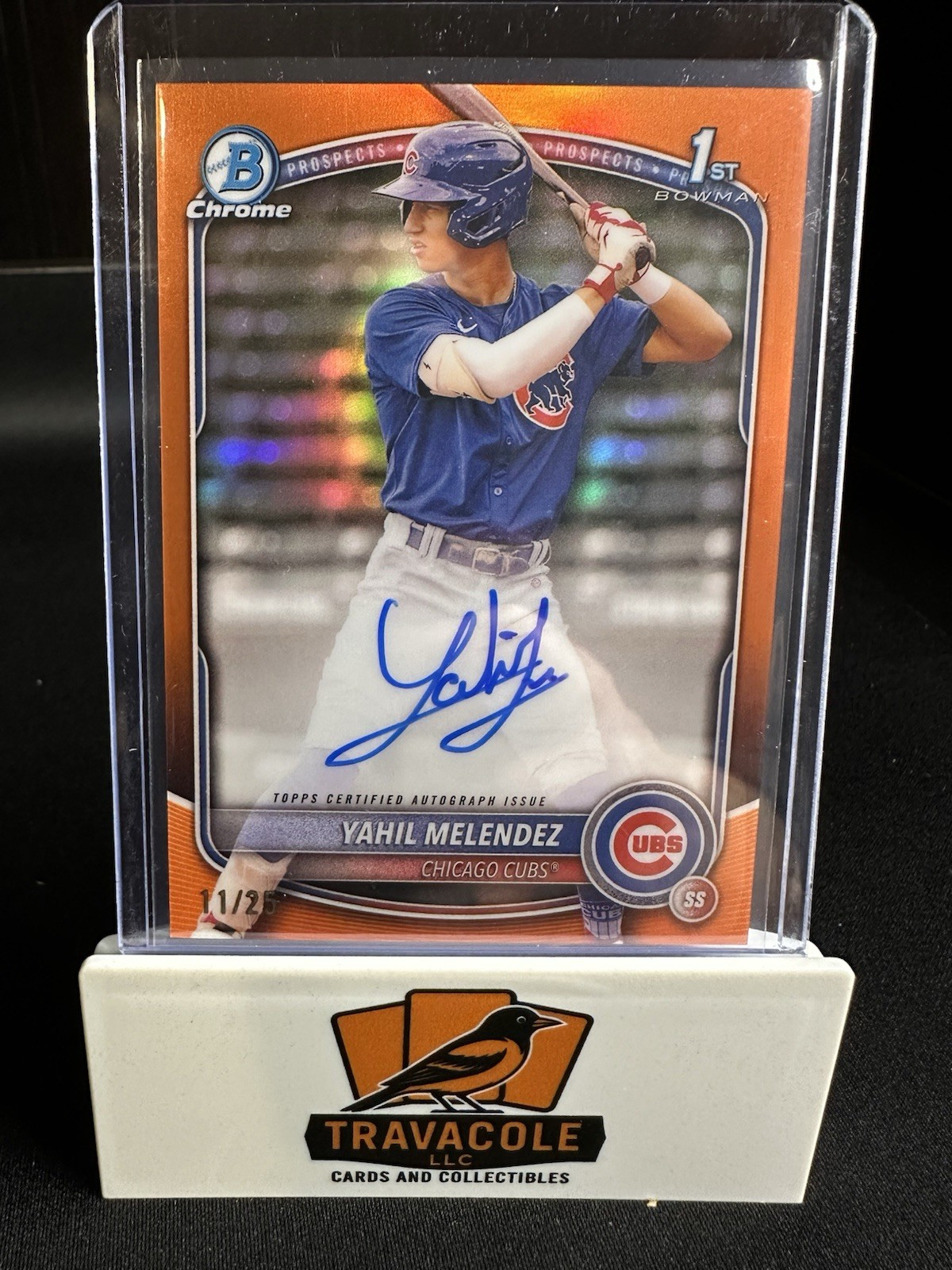 2025 Bowman Chrome Yahil Melendez On-Card Auto 1st Bowman /25 True Orange Cubs