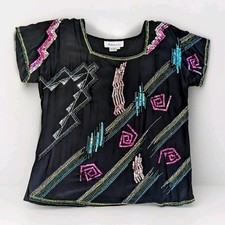 Argenti 100 Silk VTG Beaded Sequin Blouse Women's L 80 Retro Shimmer Party Top