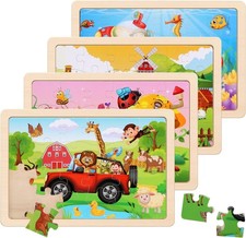 Wooden Puzzles Toys for Kids Ages 3-5, Set of 4 Packs with 20-Piece Farm, Animal