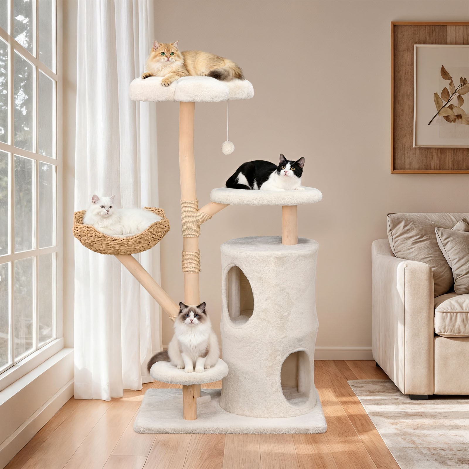 BingoPaw Solid Wood Cat Tree Tower Large Cat Scratching Post Activity Furniture