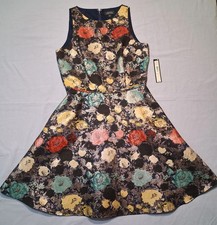 NWT WOMENS TAHARI BY ARTHUR LEVINE METALLIC FLORAL LINED FLARE DRESS W/POCKETS 8