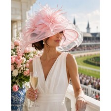 Blush Pink Organza Kentucky Derby Hat Wedding Church Tea Party Floral Wide Brim
