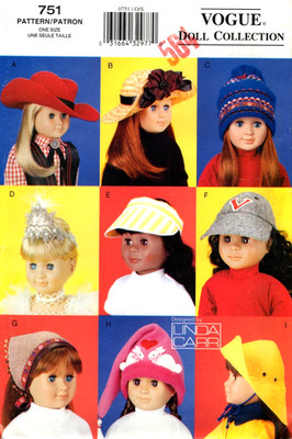 Hats for 18'' Dolls Vogue Sewing Pattern 751 7404 Linda Carr, 9 Styles
