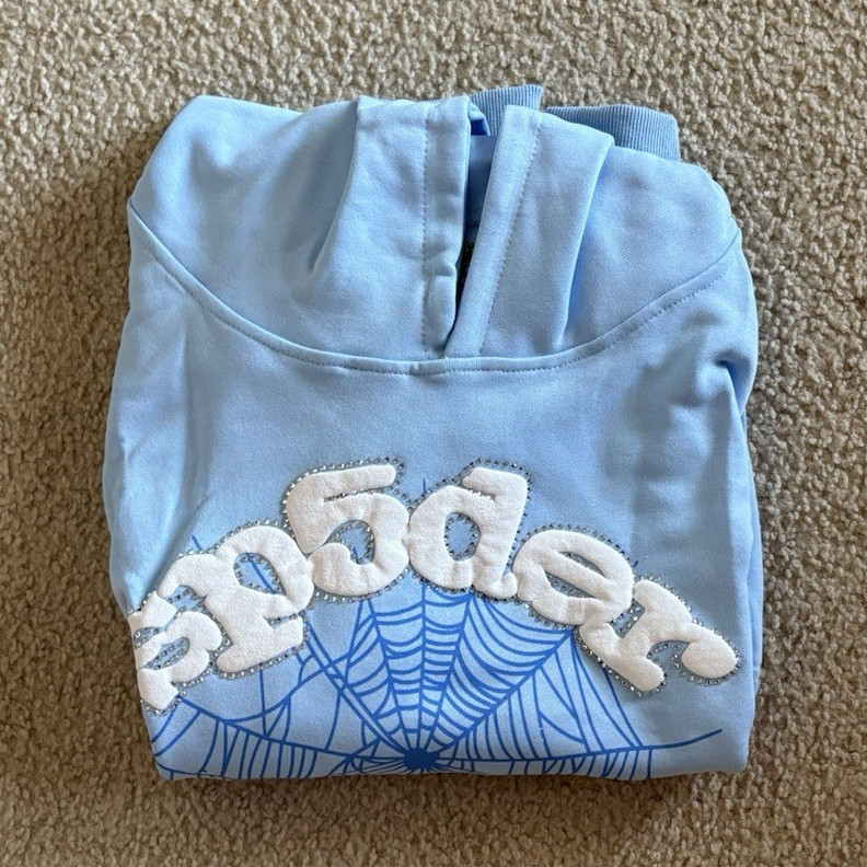 sp5der Men’s L Blue Spider Web Graphic Logo Pullover Hoodie Fleece Pockets