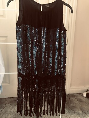 Kate Moss Topshop Black Blue Sequin Flapper Dress UK Fringe 1920s Iconic  Party UK