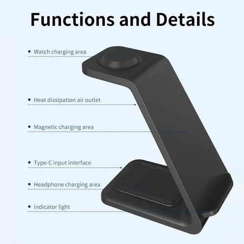3In1 Wireless Charger Dock Charging Station For Apple Watch 9 Air Pods iPhone 15 - Photo 5 sur 23