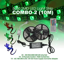 10M 5050SMD RGB 600 LED Strip Light Kit w/ 44 Key Remote 2 Outlet 5A Power Combo