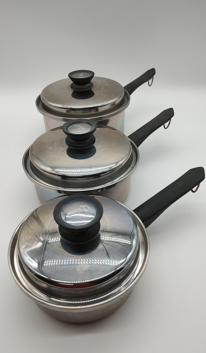 Vintage Amway Queen Multi-Ply 18/8 Stainless Steel Saucepans Vintage Amway Queen Multi-Ply 18/8 Stainless Steel Saucepans