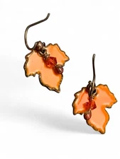 Vintage Boho Copper maple Leaf  Enamel Leaf Drop Dangle Pierced Earrings