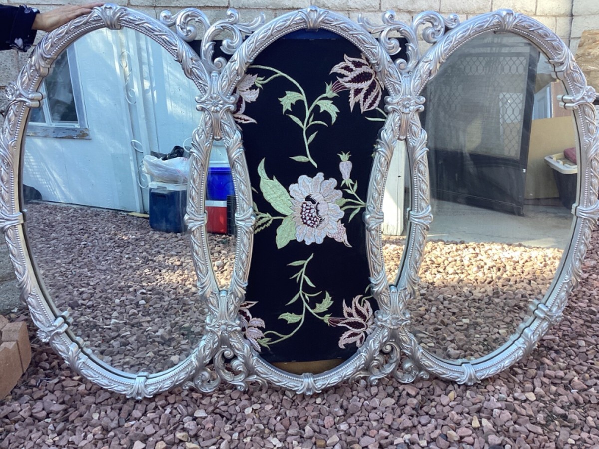 vintageミラー Vintage MCM 3 Silver Triptych Oval Interlocking Hollywood Regency