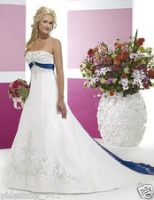 New Embroidery White And Blue wedding Dresses OffShoulder Bride Gown Sweep Train