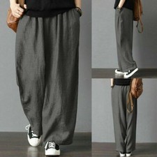 Mens Plus Size Cotton Linen Trousers Wide Leg Retro Loose Casual Baggy Pants