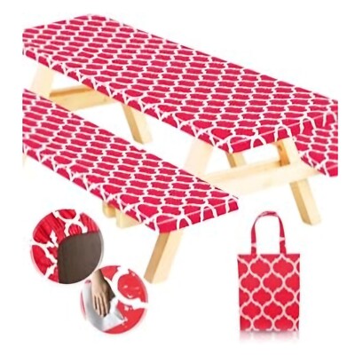 Tablecloth with Bench Covers Fitted Vinyl Moroccan Red White 72