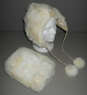 帽子 vintage rabbit fur muffler cap White Rabbit Fur Muff Hand Warmer & Hat Mid Century 1950's Vintage