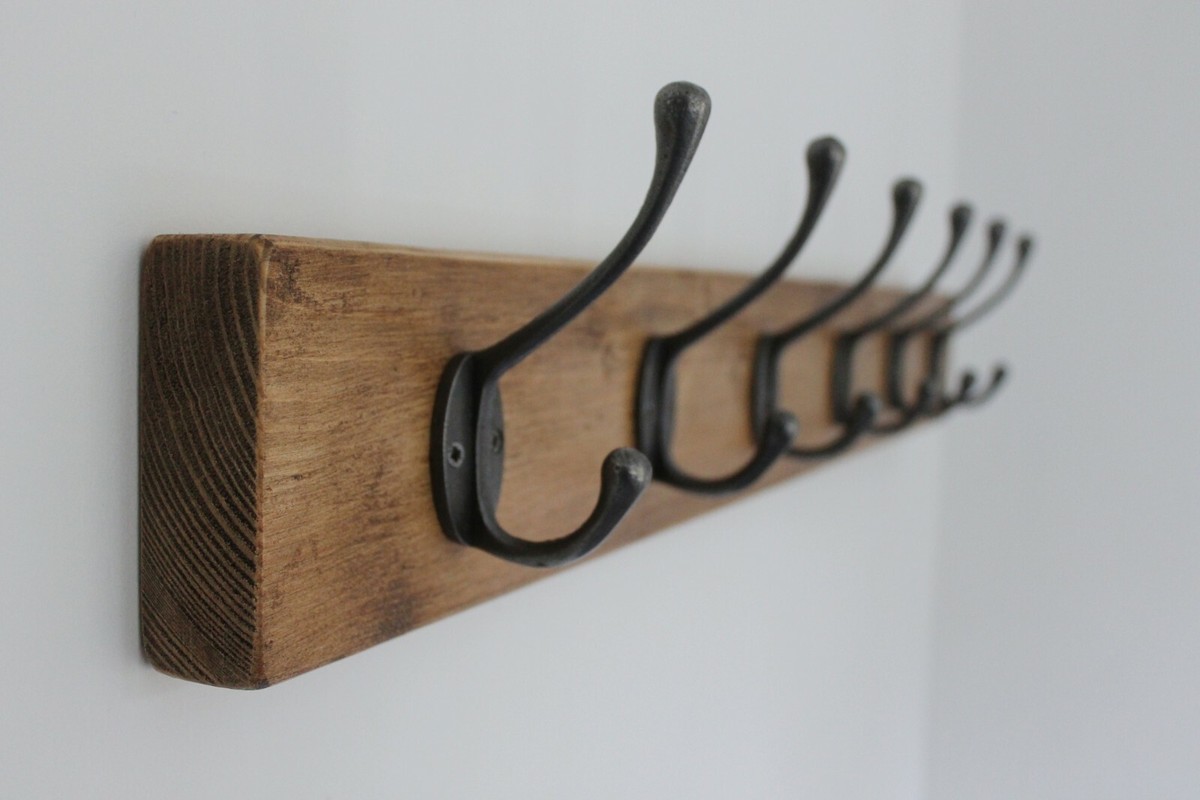 Wooden Coat Rack Vintage Handmade Cast Iron Hook Coat Hooks UK