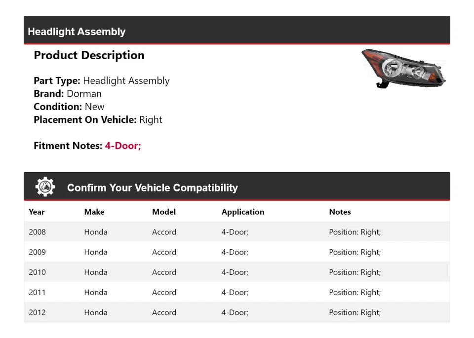 Conjunto de faros dorman de 4 puertas derecho para Honda Accord 2008-2012 2009 2010 2011 Foto 2 de 4