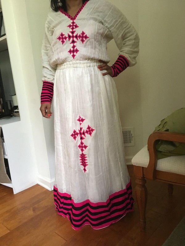 Traditional embroidered Ethiopian Eritrea dress 100% cotton-Red-and Black 2ps