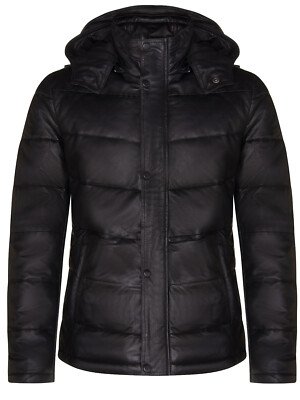 Herren Puffer Lederjacke schwarz gesteppt warm Bomber Lammfell Kapuzenjacke