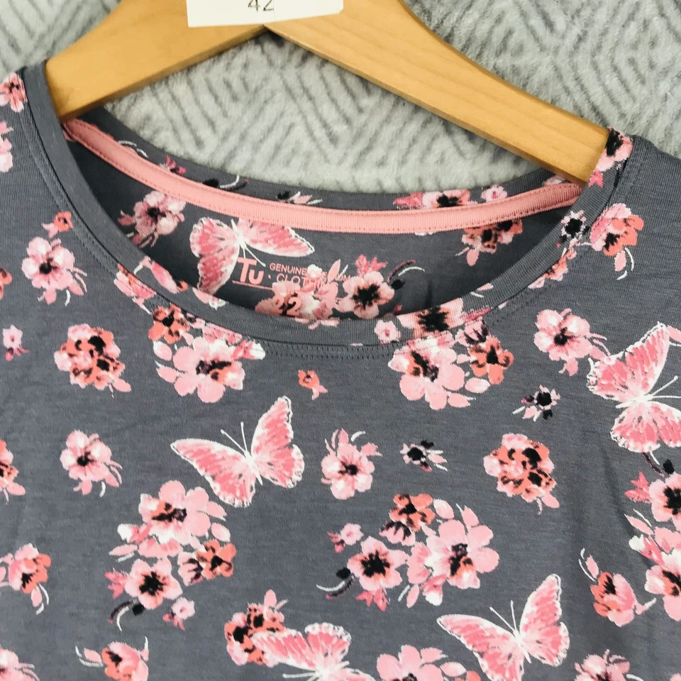 TU Haut Femme UK22/FR50 Rose Gris Motif Floral Papillon Col Rond Manches Longues - Photo 4/4