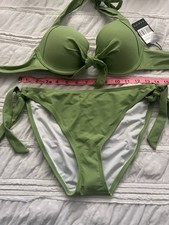 Green Halter Tie Front  Tie Side Padded Bikini Set, Lined Swimwear