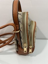 small Crossbody Bag with Bee Logo Pattern, Brown  Beige Shoulder Purse