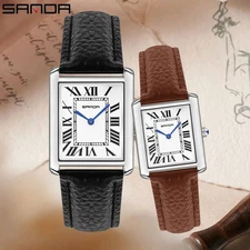 Men Women Quartz Watch Roman Numeral Dial Leather Band Stainless Steel Waterproo