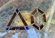 2 Stained Glass Sun Catchers Triangle Octagon Purple Blue w Center Crystals