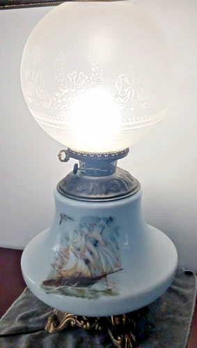 Antique Rochester 3-Way Hurricane Lamp Milk Glass Nautical Ship Working 23"