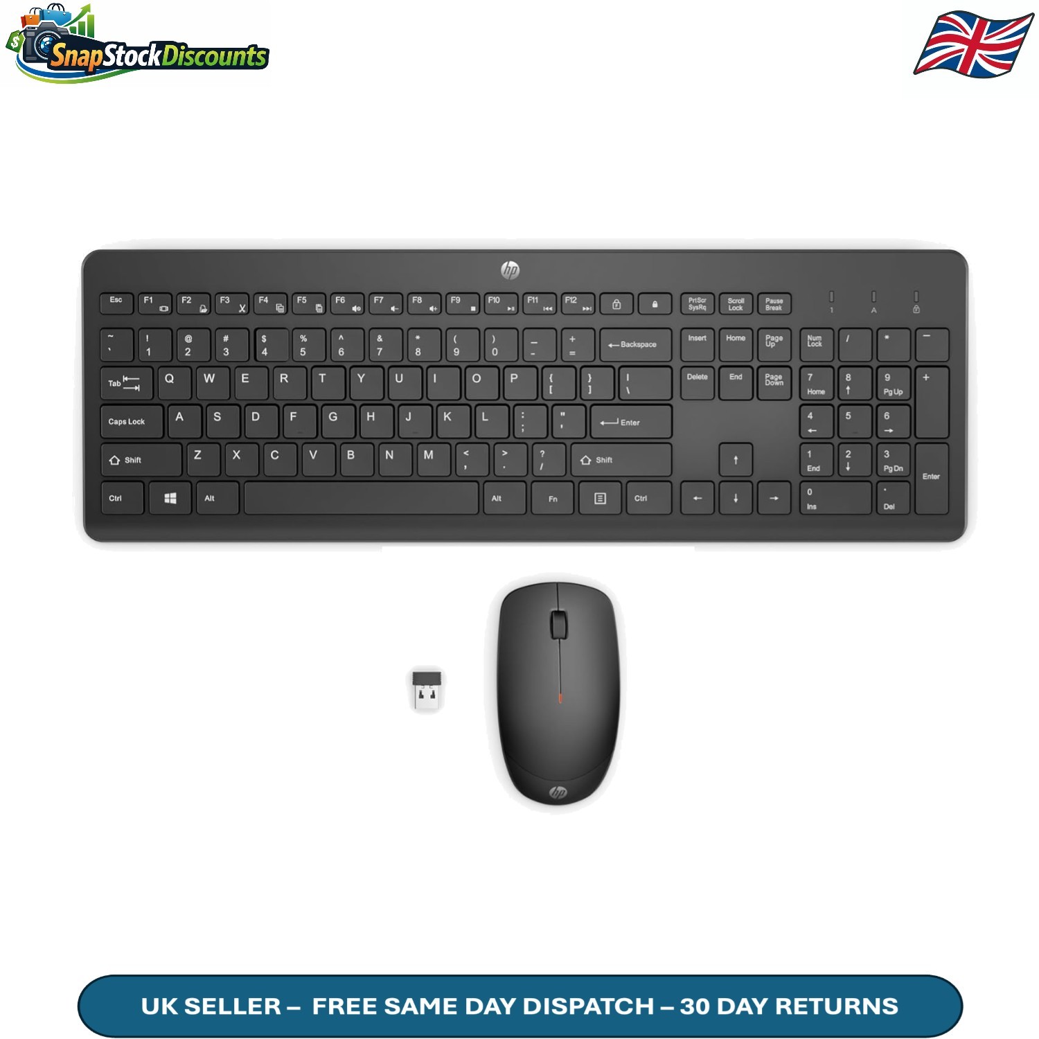 HP 230 Wireless Keyboard Mouse Combo 2.4 GHz USB Nano Receiver 1600dpi Black
