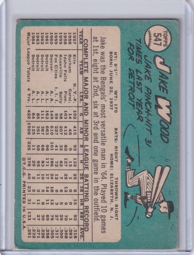 1965 Topps Baseball #547 Jake Wood - Detroit Tigers SP - Bild 2 von 2