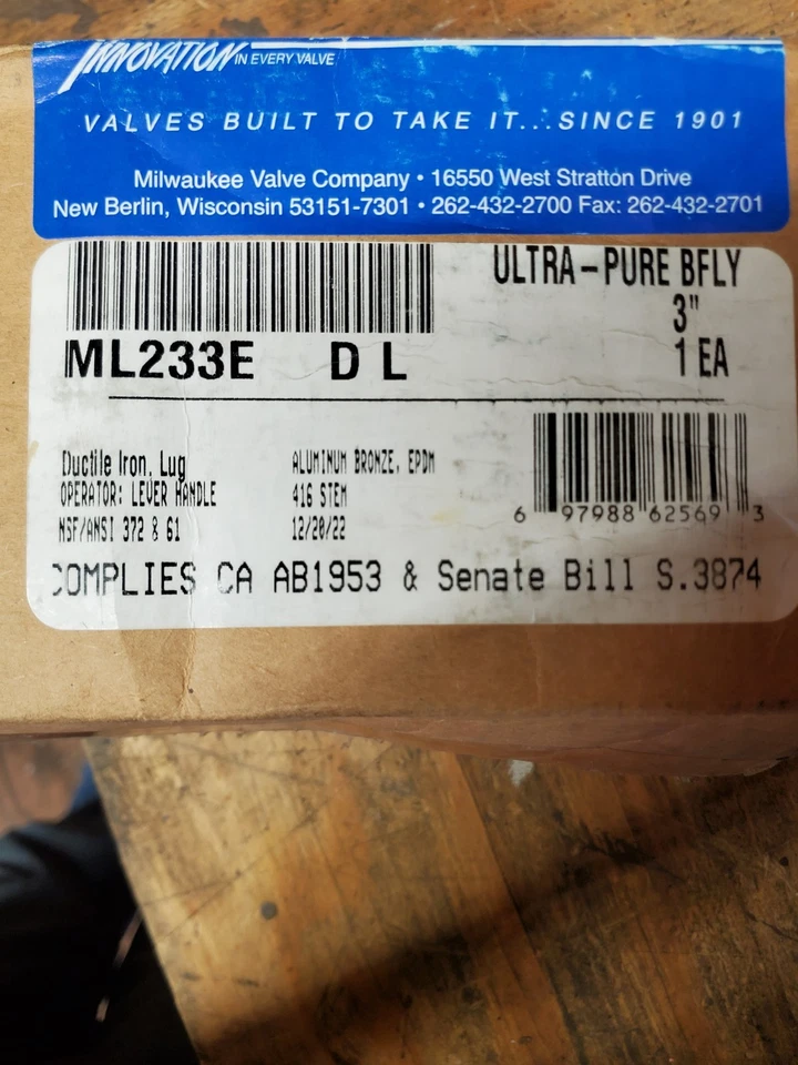 Válvula de mariposa ultra pura Milwaukee ML233E válvula de 3 pulgadas, 3" bronce Foto 2 de 4