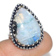 Top Quality Rainbow Moonstone 925 Silver Plated Gemstone Ring US 6 MJ