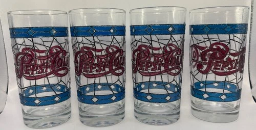 4 Original 1970's Pepsi-Cola Vintage Tiffany Style Raised Stained Glass Tumblers